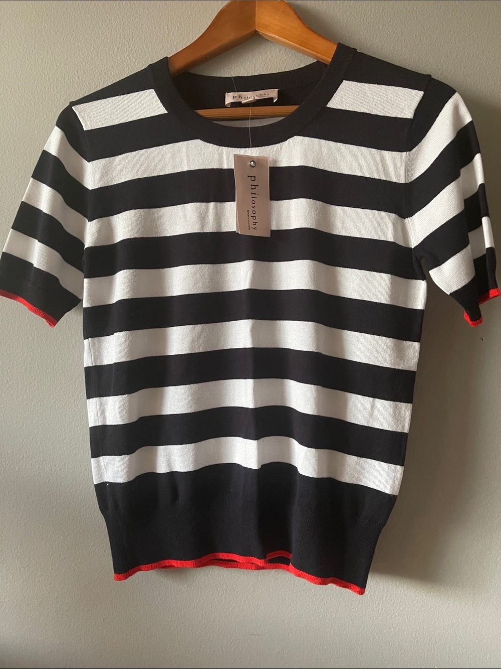 Philosophy Y2K Black & White Striped Knit Top with Red Trim